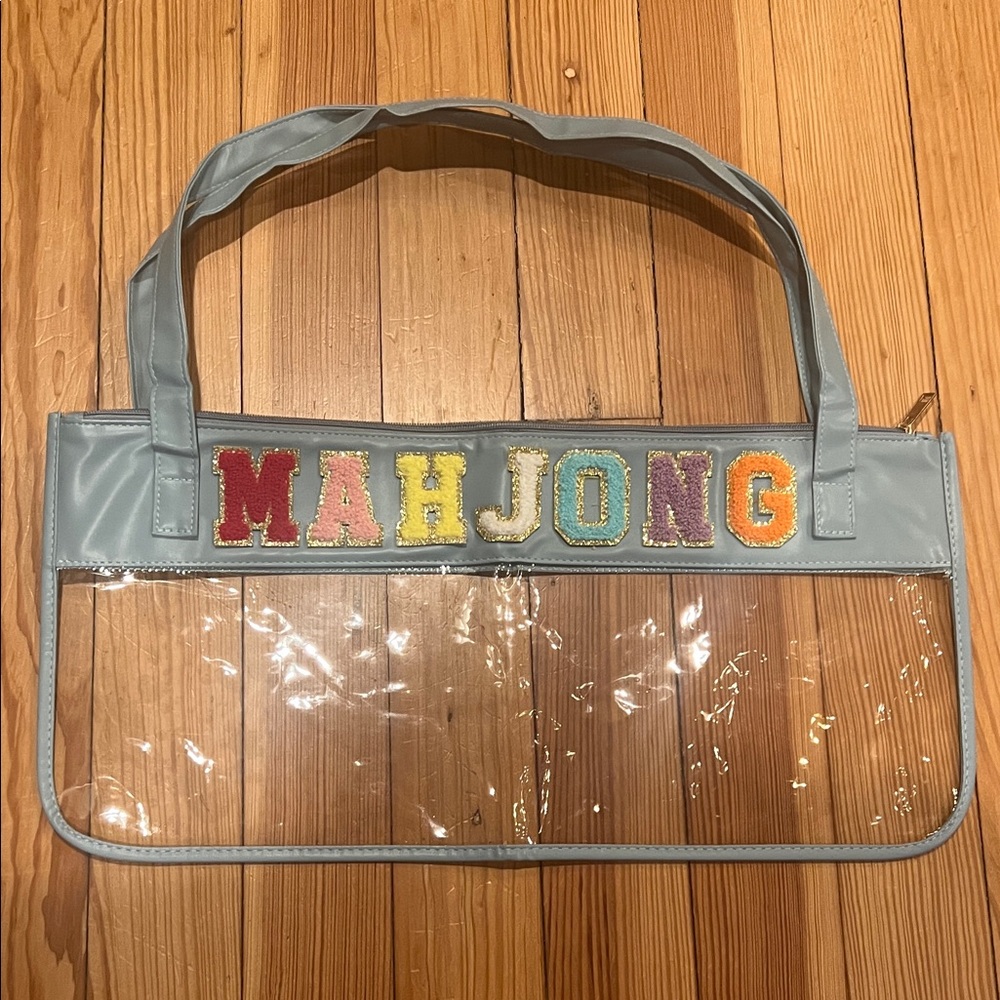 Light Blue Clear Mahjong Tote with Colorful Lettering